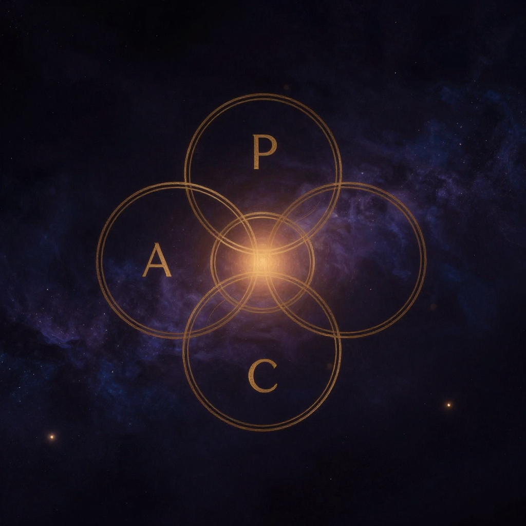 PAC模型：三个同等大小的圆环相互交叠形成一个稳固的三角结构，P圆在上方，A圆居中，C圆在下方，它们连接处的空隙透出细微暖意，整个图