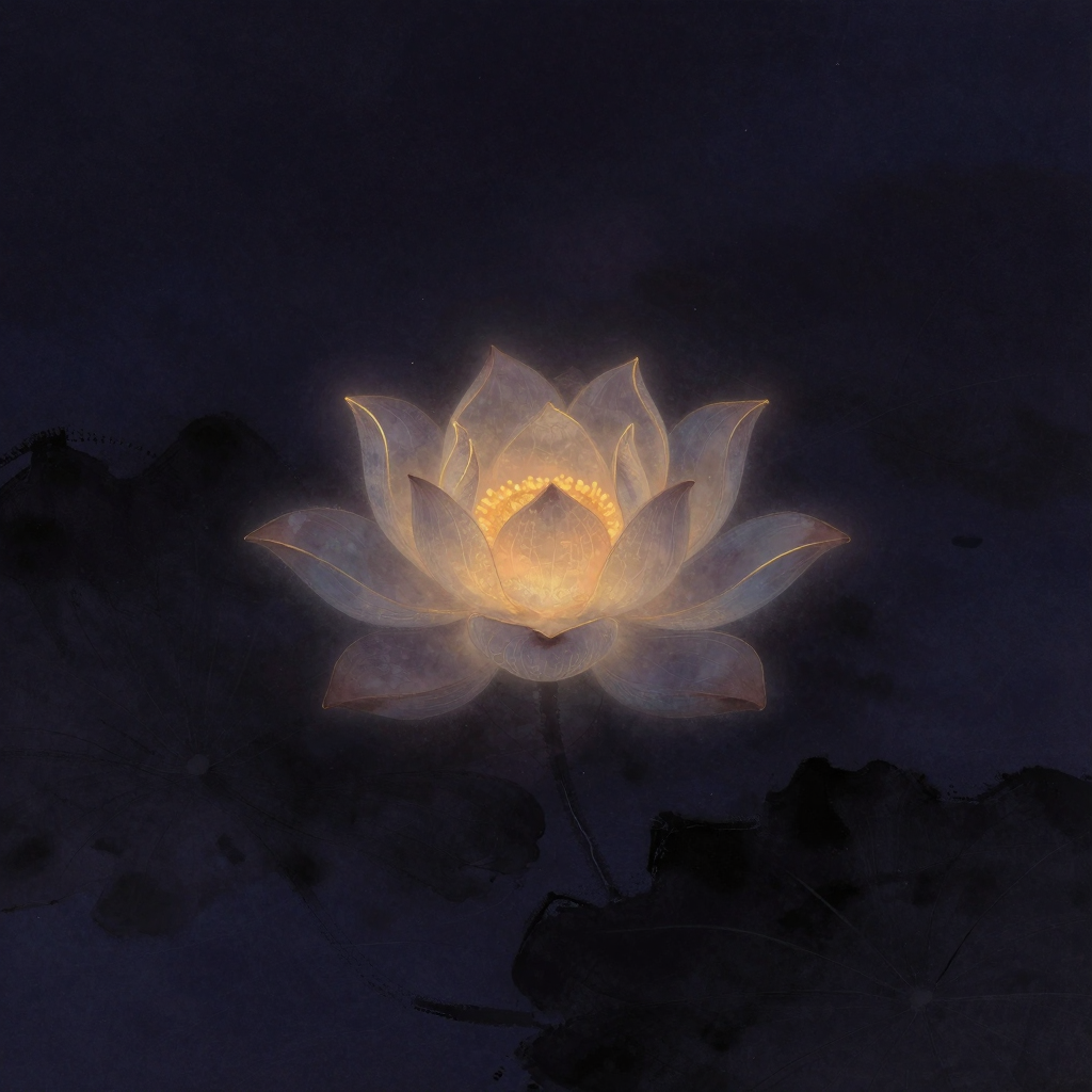 他心通：一朵半透明莲花悬浮于空处，花瓣薄如蝉翼能透光，花心处含着一团若有若无的微光，四周归于静寂
