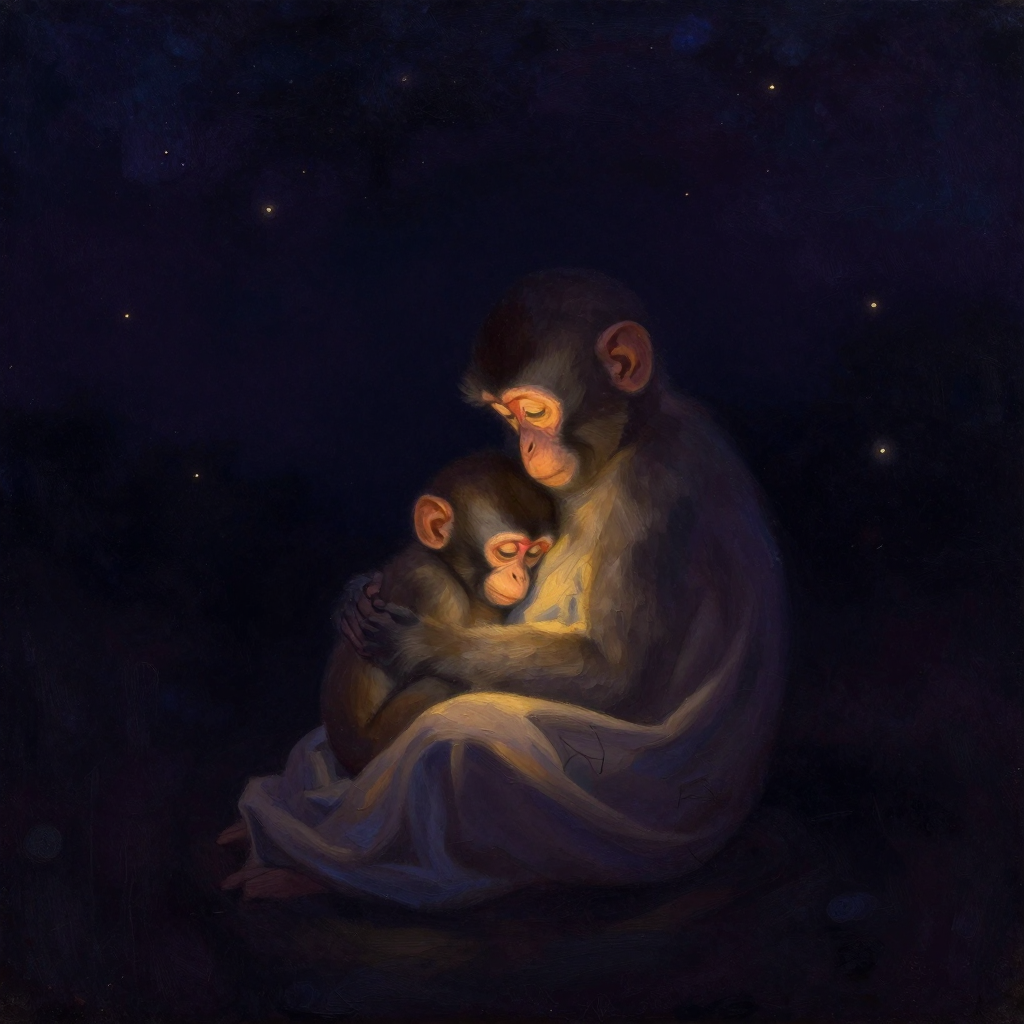 哈洛：一只幼猴紧紧环抱住绒布材质的代母，代母有简化的猴脸特征，幼猴将脸埋入布料中，四周空旷，绒布褶皱处透出一处暖意
