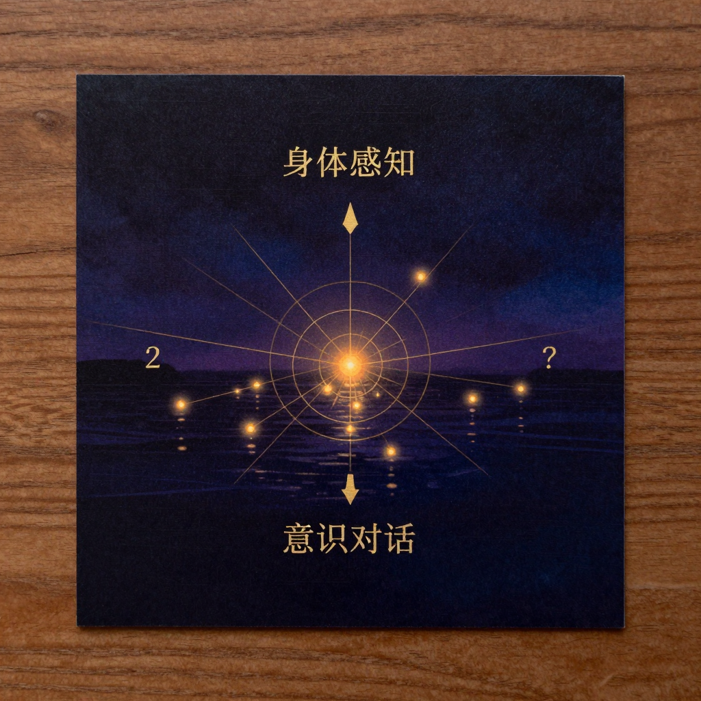 结构化提问：一张亚麻质地的方形卡片平置于木纹桌面，卡片上清晰排列三个编号问题区块：最上方写身体感知问题，中间箭头下接情绪探索问题，底