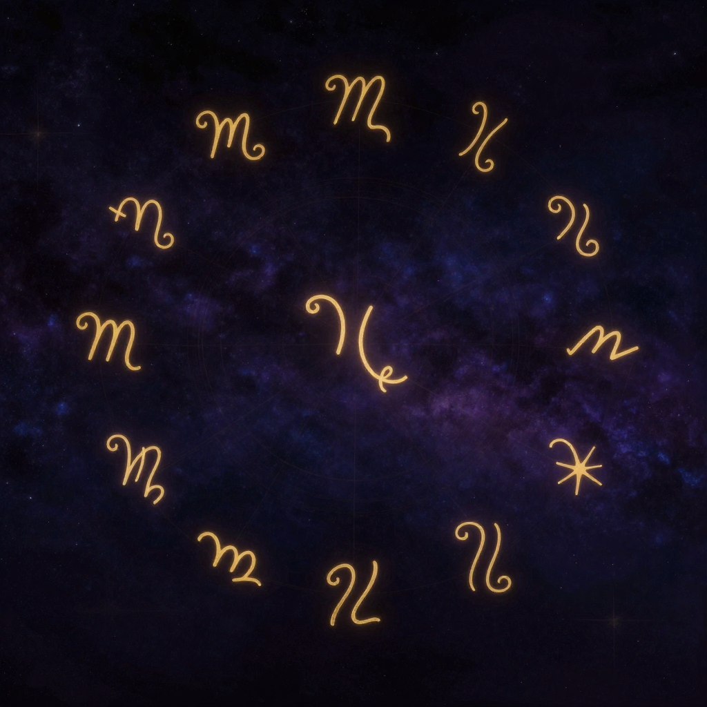 星座：十二个标准黄道星座符号以纤细金线精确勾勒，疏落悬浮于深邃空境，符号间隐约有极细丝线相连成环