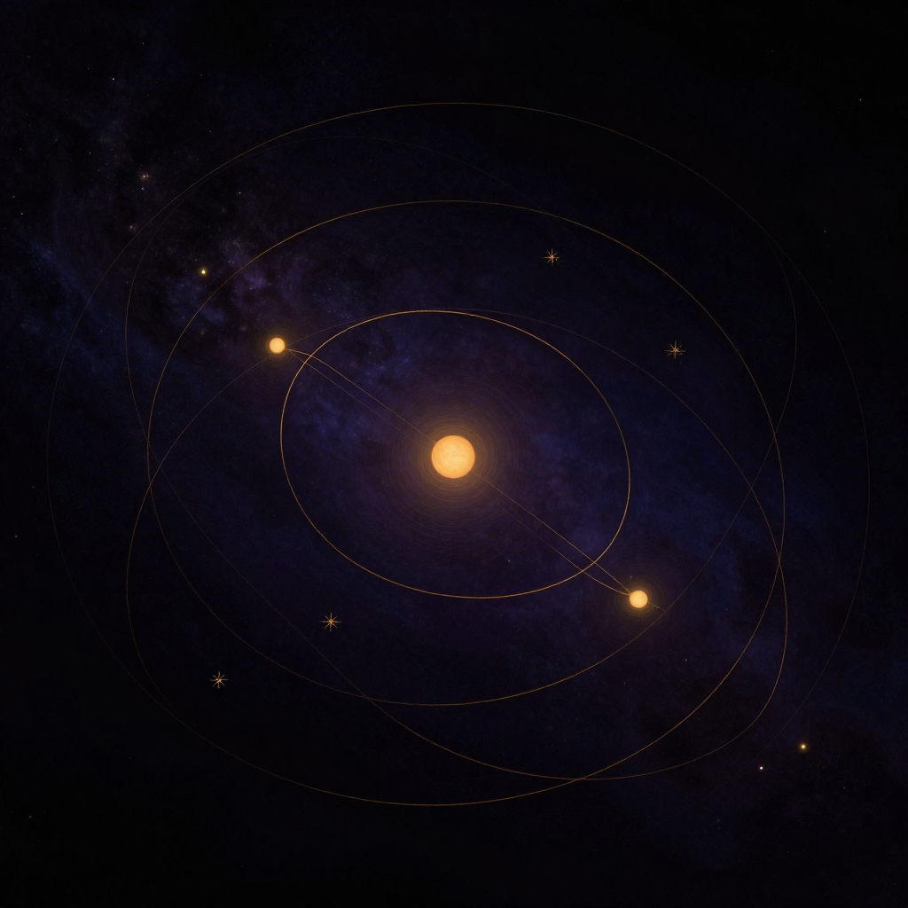行星运动：三组不同离心率的椭圆轨道错落交织于近黑背景中，一条轨道上缀有颗缓缓移动的微光行星，其余轨道留空以突出动态对比，画面左上角