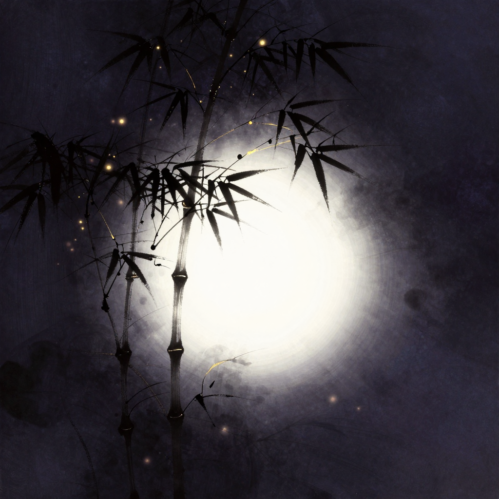 青竹：一株青竹从近黑底中挺拔而立，茎干分明可见节与节间的空心结构，竹身微弯显韧劲而不折，竹叶疏落，整体形态凝练于中央大片留白处