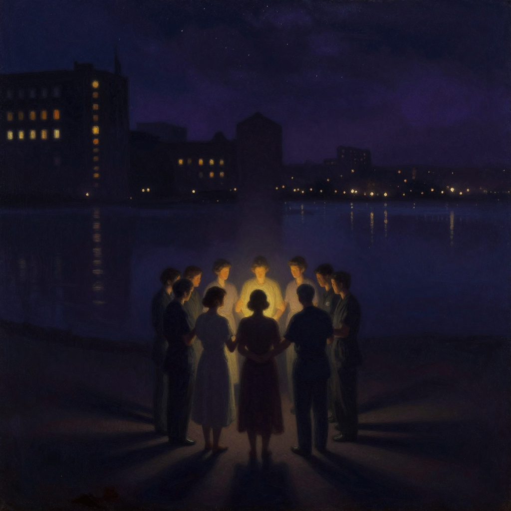 埃里希·林德曼：1942年波士顿椰林夜总会大火后的场景：几位相互扶持的幸存者与医疗人员组成群像，形成有支撑关系的三角形构图，远处建筑残骸
