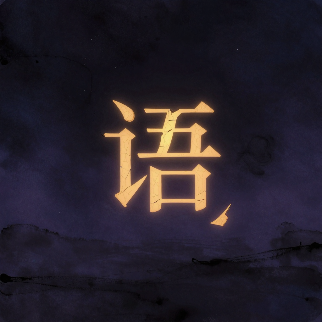 语义转换：一个繁体'语'字悬浮于空旷中，笔画如陶器般碎裂却未散落，裂缝间透出细微光芒，右下角一片游离的偏旁正在重组为新的形态