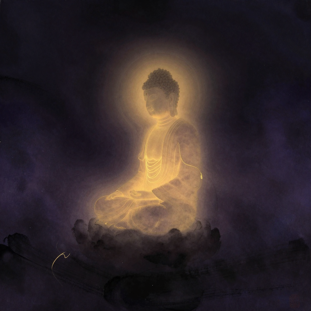 金色：一个安详的佛陀侧影盘坐在空处，周身散发出柔和温暖的光晕，光晕纯净不含金属质感，向四周自然晕染，背景归于极简