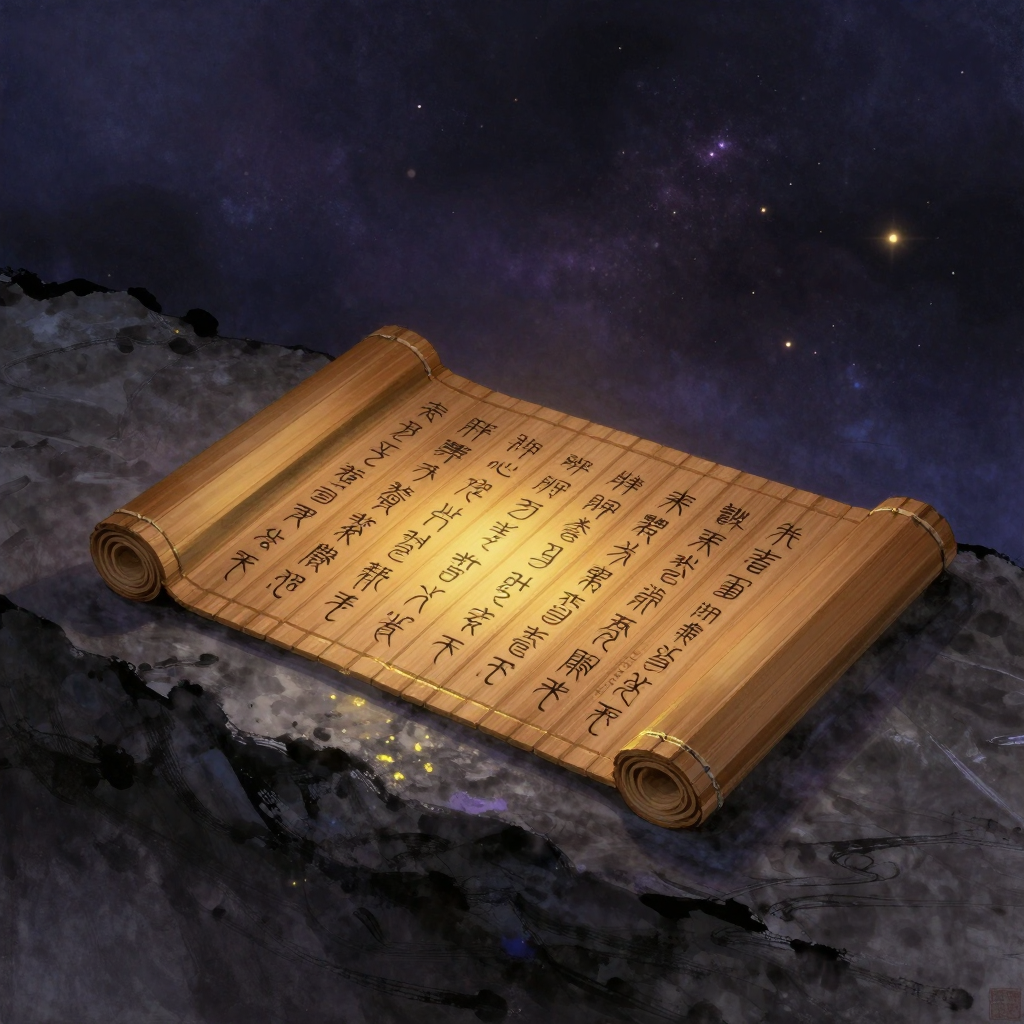 五脏情志：一卷展开的竹简平置于石台，简面刻有清晰的先秦篆书，'肝心脾肺肾'与'怒喜思悲恐'的对应关系以古法排列，竹简纹理分明，文字