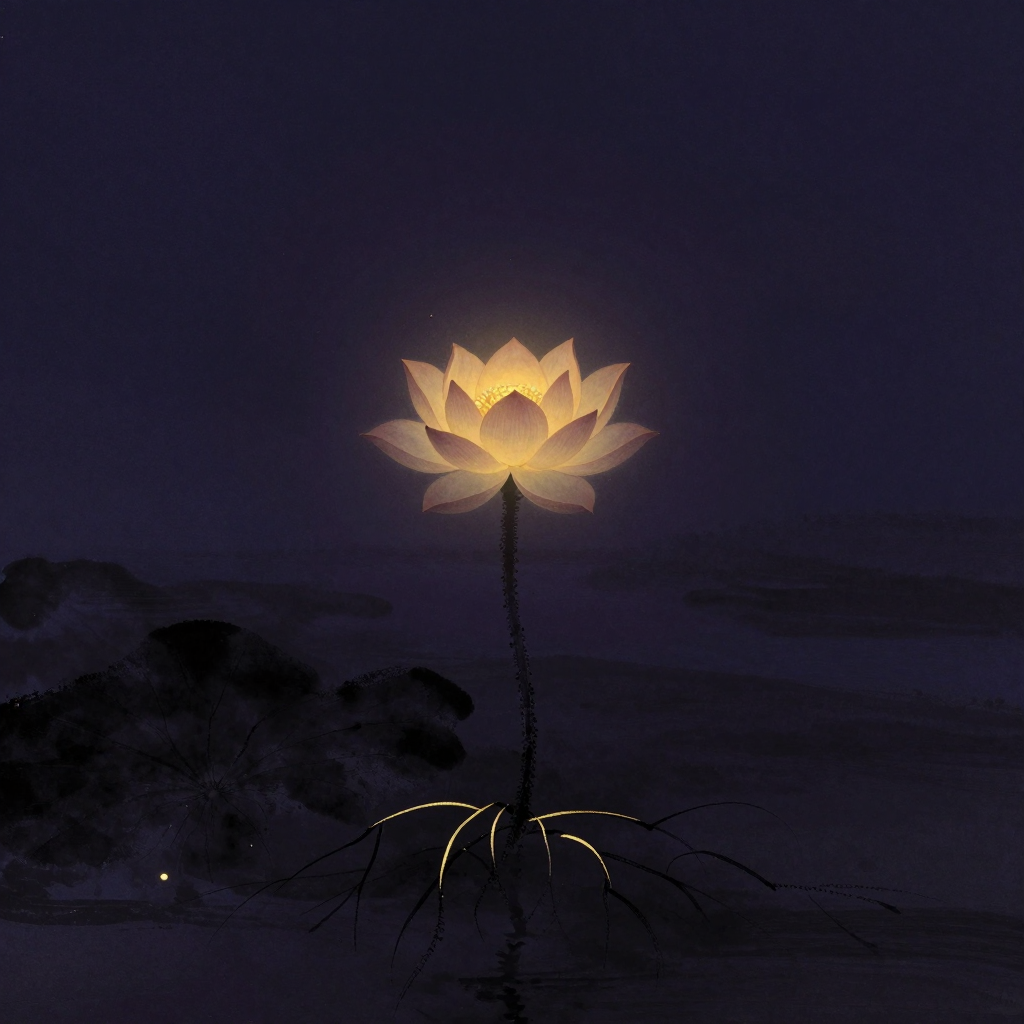灵性力量：一朵盛开的莲花从幽暗的淤泥中挺拔而起，根须隐于水下，花瓣层层舒展向上，莲心是画面唯一的微光来源，四周大片水域归于空寂