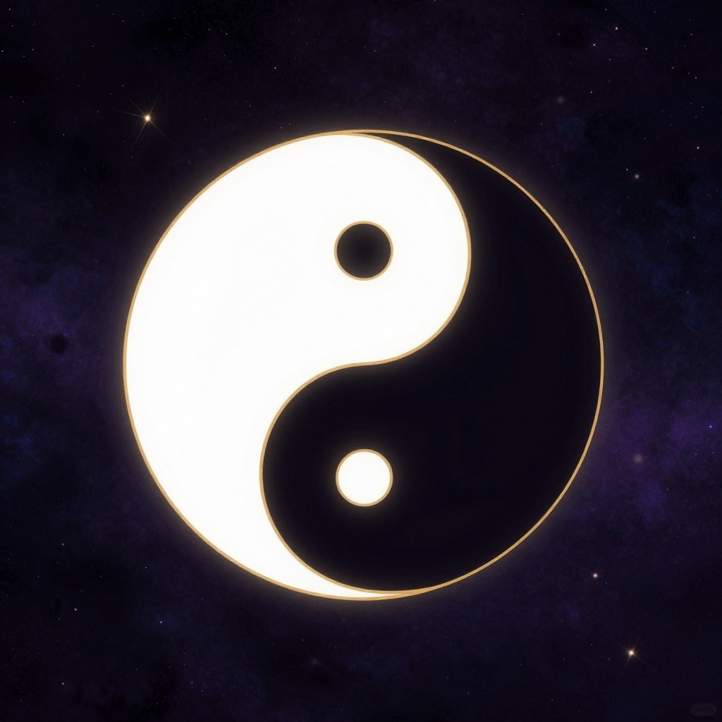 二元建构：一幅标准的太极阴阳鱼图案置于大片空处，黑白双鱼相互环抱形成完美圆形，黑鱼中含白点，白鱼中含黑点，边缘流畅无硬分割