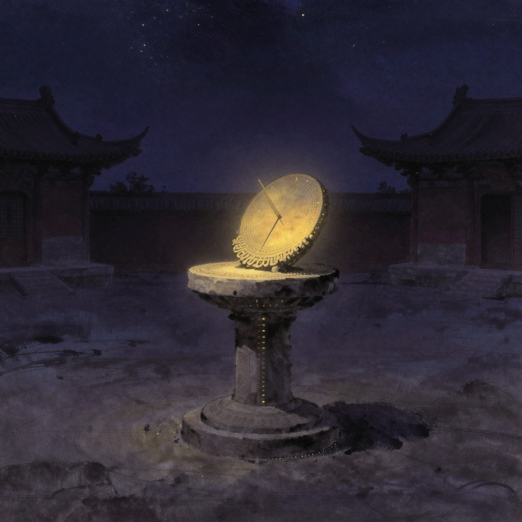 过午不食：一座简朴石制日晷立于寺院庭院，晷针影子垂直指向正午刻度线，四周隐约可见低矮经堂轮廓，日晷表面泛着淡淡的金属光泽，整体孤立