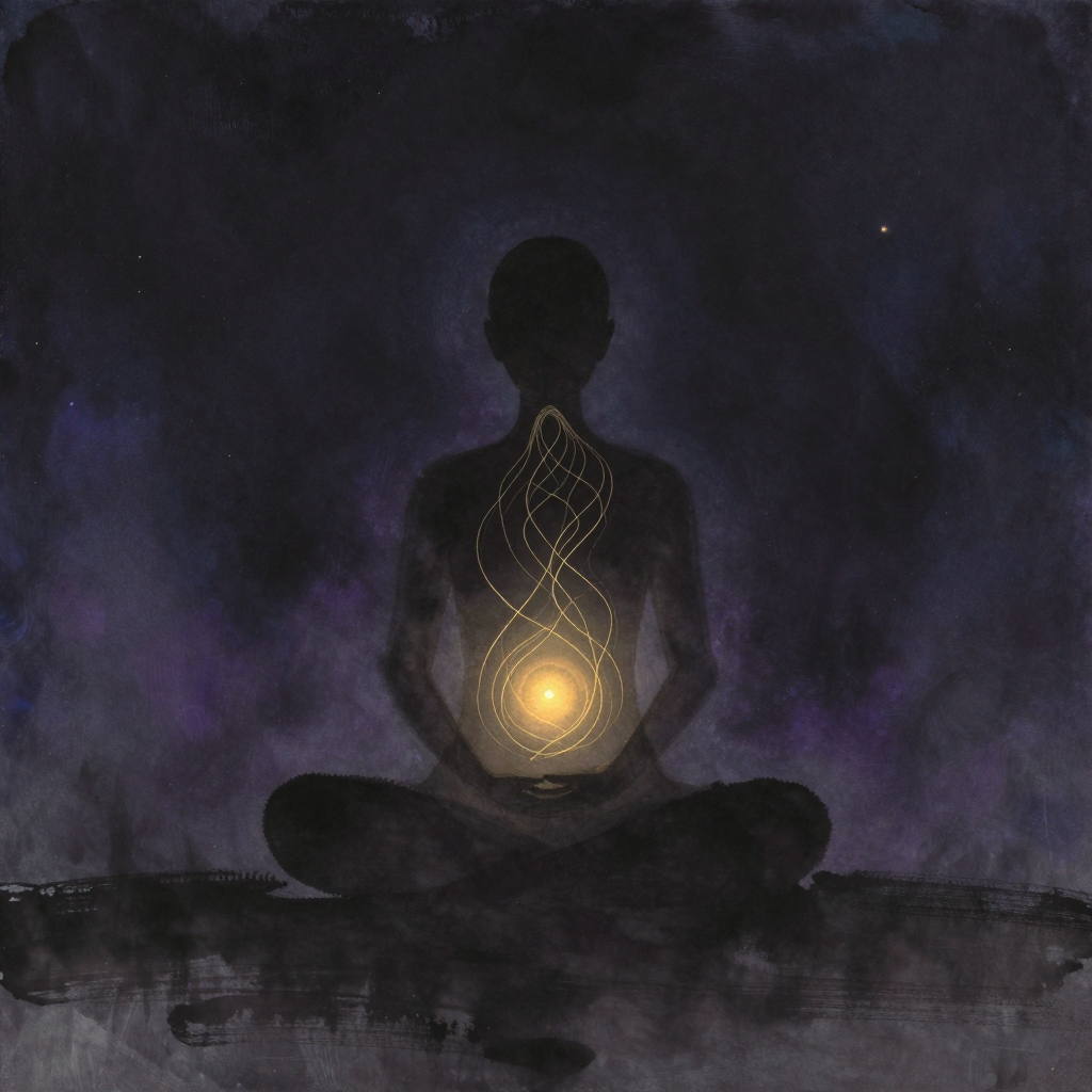 身心完整：一个保持中正坐姿的人形剪影居于画面中央，体内有纤细流畅的线条自头顶流向腹部并回环往复，四周归于大片空处，腹心位置透出一处