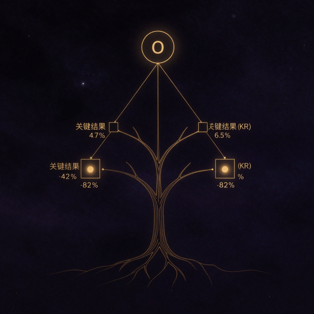 OKR：一幅树状图自上而下生长于大片空处，顶端的圆形节点标注着简洁目标(O)，下方分出三至五条枝杈连接着方形关键结果(KR)节点