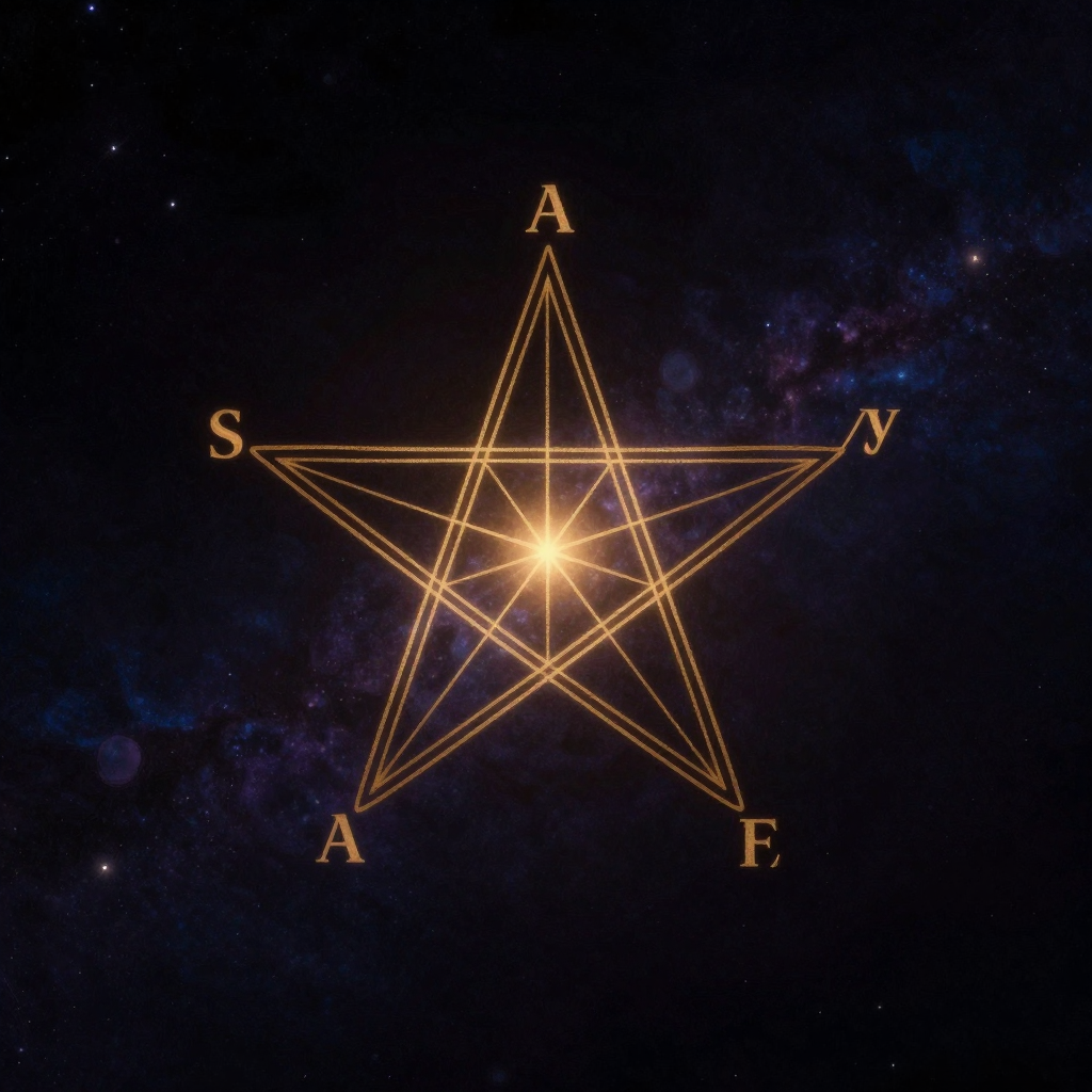SMART原则：一个清晰的五角星形图表置于近黑背景中央，五个角分别标注S/M/A/R/T字母，角与角之间由细线相连形成闭环结构，星形内蕴