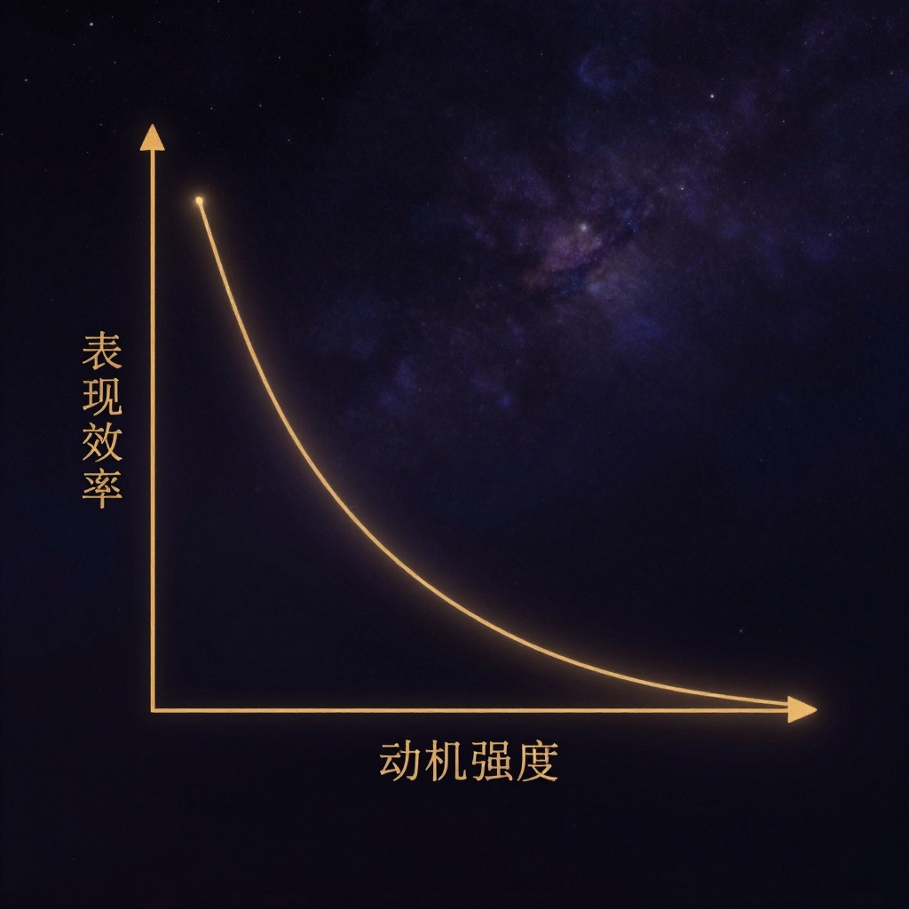 耶克斯-多德森定律：一条清晰先上升后下降的倒U型曲线横贯画面中央，曲线形态稳健流畅，横轴下方标注'动机强度'，纵轴左侧标注'表现效率'，其余