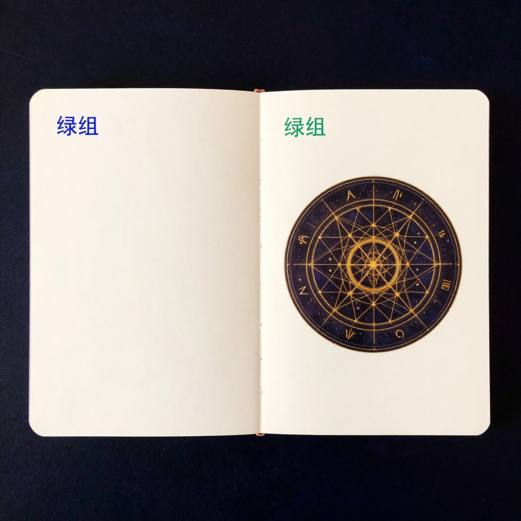 最小群体范式：两张并置的素色卡片分别标注清晰的蓝组与绿组字样，卡片边缘略微翘起形成对立态势，中间留出大片空处
