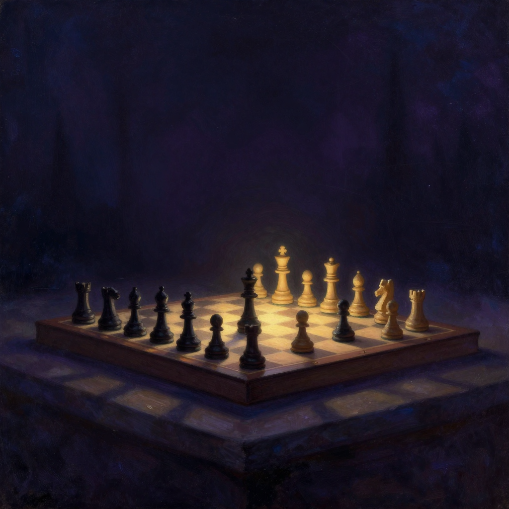 权力游戏：一张国际象棋棋盘斜置于石台，半数棋子散落缺失，黑王棋孤悬危局，残存棋子上落着一处微光，四周空旷