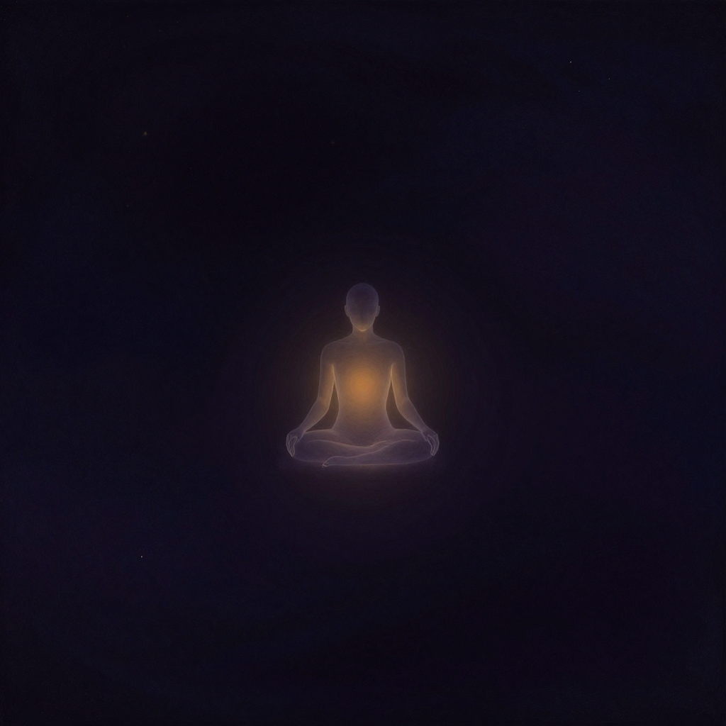 Purusha：一个若隐若现的透明人形以盘坐姿态悬浮于绝对静止的虚空中，轮廓似有还无，没有五官与装饰，人形胸腔处有一处极微弱的暖意