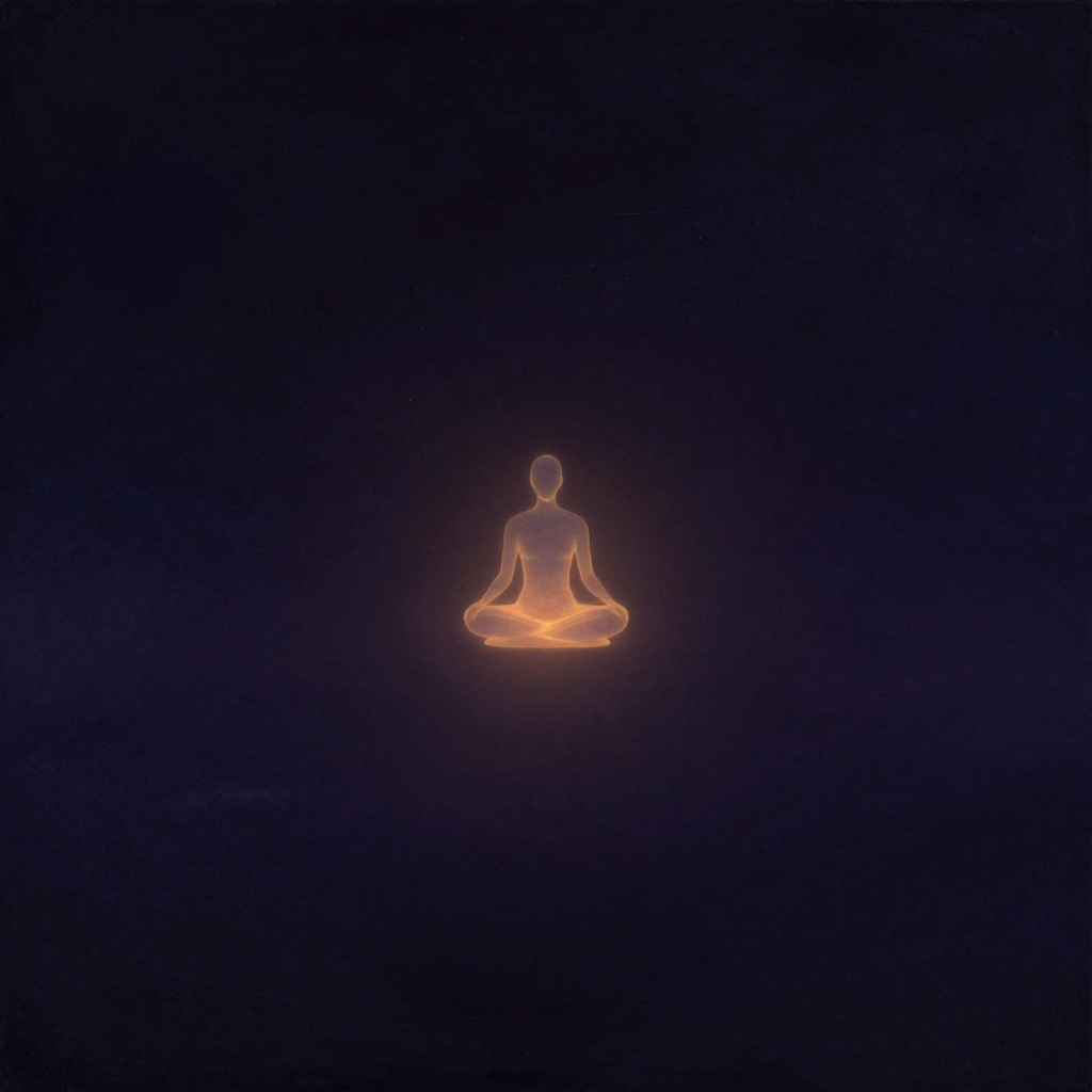 普鲁沙：一个完全透明的人形以莲花坐姿悬浮于大片空处，轮廓隐约可见却无任何五官或细节，周身散发细微光晕，四周归于绝对空旷