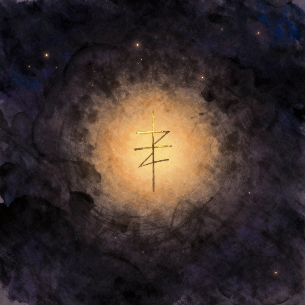转译练习：一张粗麻纤维纸上搁着炭笔，纸面中央是一道由断续线条构成的原生符号，笔触笨拙而真诚，符号四周留有大片空白，纸面一角略皱起，