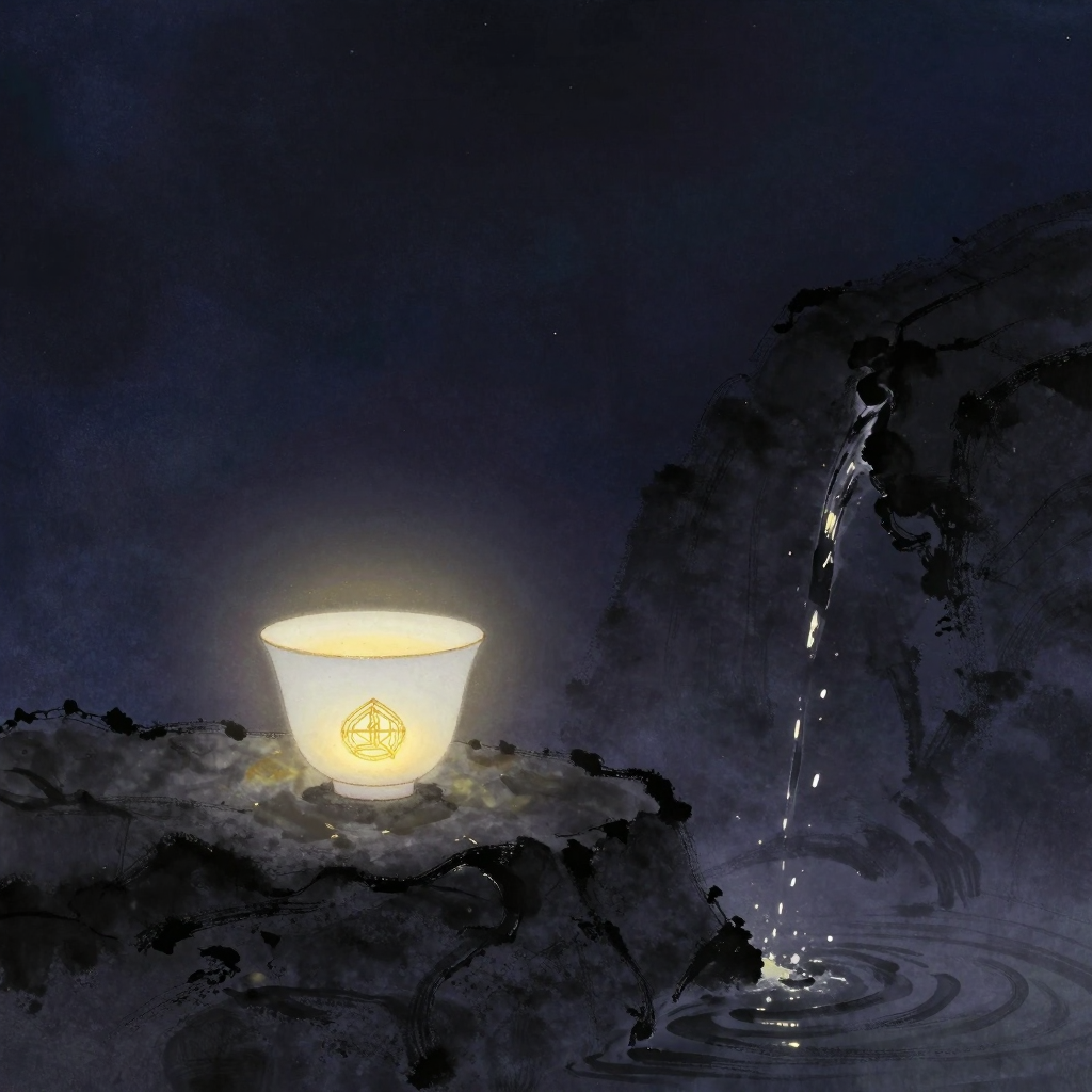 灵性渴求：一只素白瓷杯静置石上，杯底残留的水痕映着微光，不远处一眼清泉正自岩缝间无声涌出，两物之间留有大片空处
