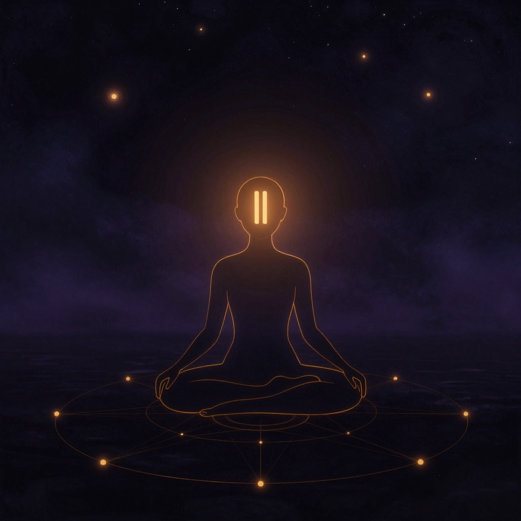 智慧回应：一个盘坐的人形剪影处于空旷中，头部区域浮现一个清晰的暂停符号，四周归于大片留白