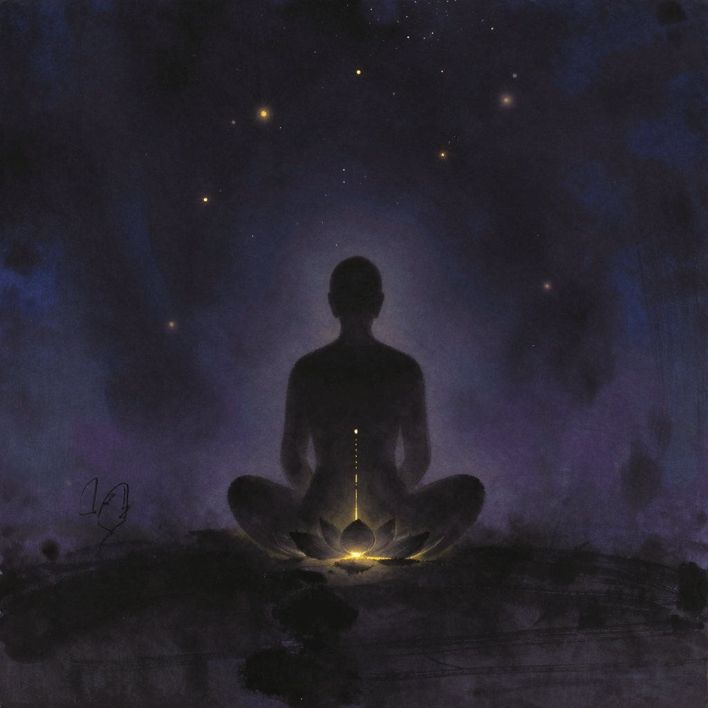 Mula Bandha：一个盘坐的背影处于空旷中，脊柱底部微微内收形成含蓄的能量提点，身形稳定如莲，唯有会阴区域透出极细微的向上提力
