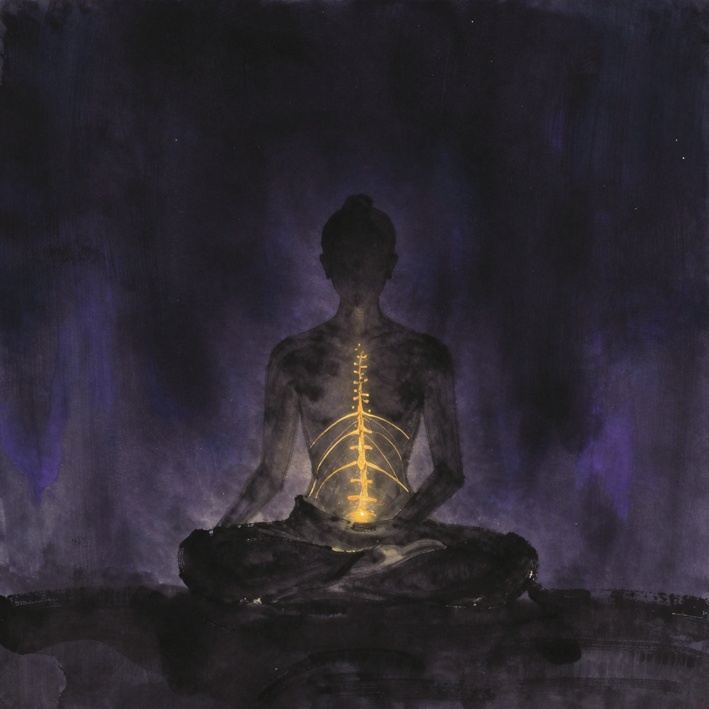 Uddiyana Bandha：一个练习者侧面盘坐于空处，衣物下可见腹部肌肉向内收缩形成的凹陷，横膈膜区域明显上提，整个躯干呈现能量向脊柱中线汇聚的态势