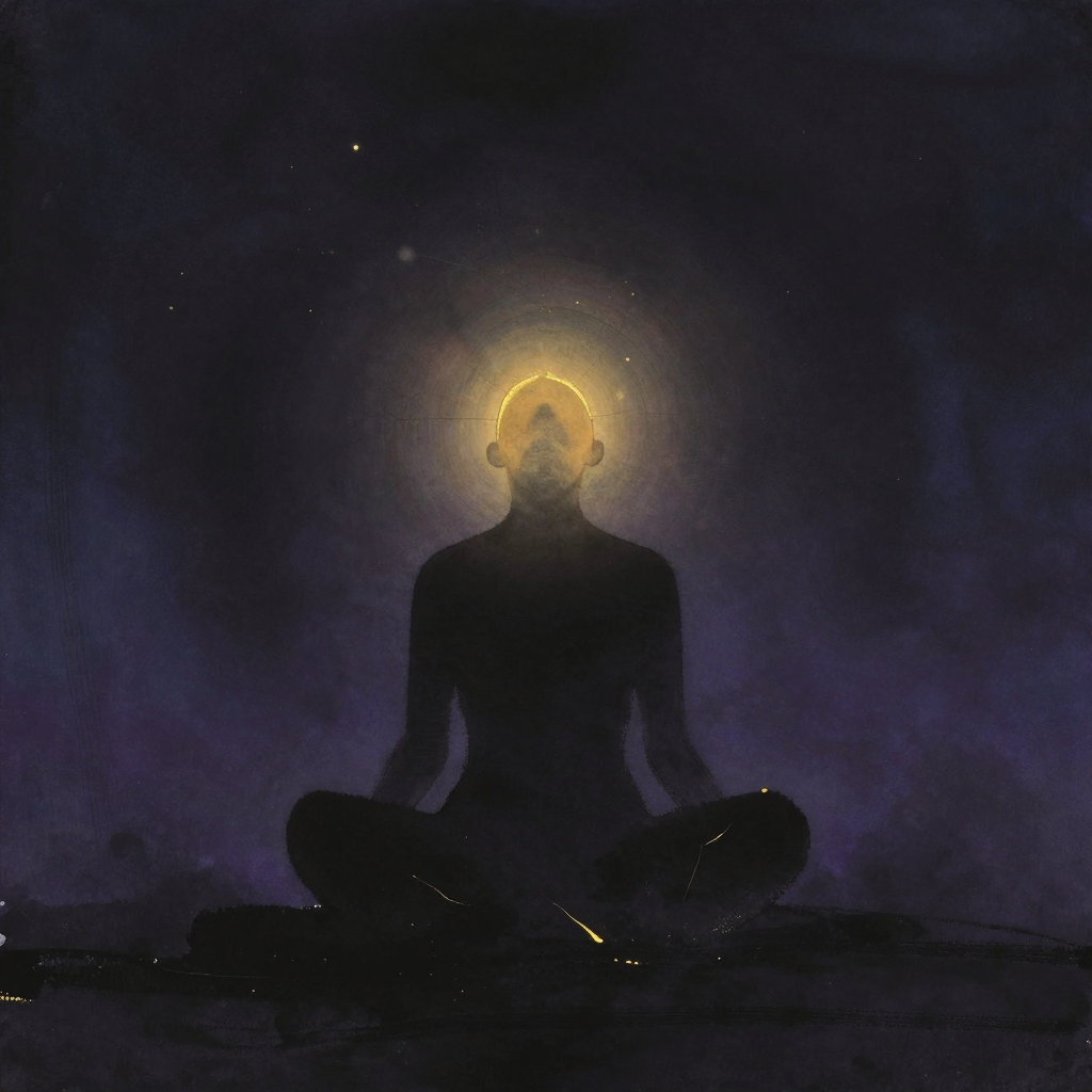 Jalandhara Bandha：一个背影盘坐于空旷中，清晰展现颈部区域：下颌内收压迫喉部形成精确的收束角度，双手自然搭在膝上，四周留白，喉部区域微微透出