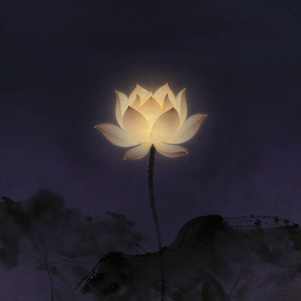 收束法：一朵含苞待放的莲花立于空处，花瓣层层向内收束，瓣尖透出极细微的光晕，四周大片留白
