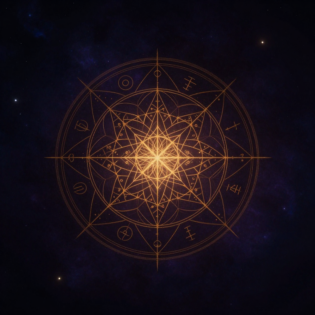 艺术心理学：一张羊皮纸上绘有精密对称的曼陀罗图案，几何线条分割出象征性符号，整幅画悬浮于大片空处，图案中心透出一缕极细微光
