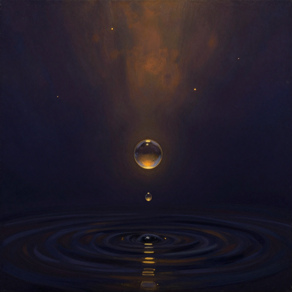 量子化：一道连续的水流中，一滴完整的水珠正从中自然分离而出，悬浮于空中。水珠保持透明质感与动态张力，四周归于大片空处，水珠表面折