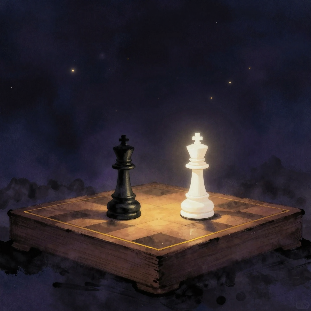 好坏：一块老松木棋盘上对称摆放两枚棋子，左黑右白，大小质地完全相同，棋子间距恰好构成张力，四周空寂无物