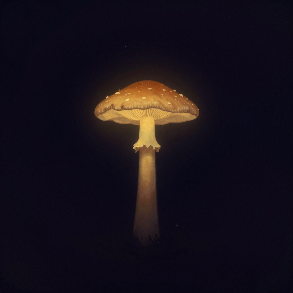 致幻疗法：一株具裸盖菇属特征的蘑菇（黄褐色菌盖带浅斑，细长菌柄）孤立于空境中央，菌盖边缘泛起一圈细微光晕向四周扩散，背景归于极简