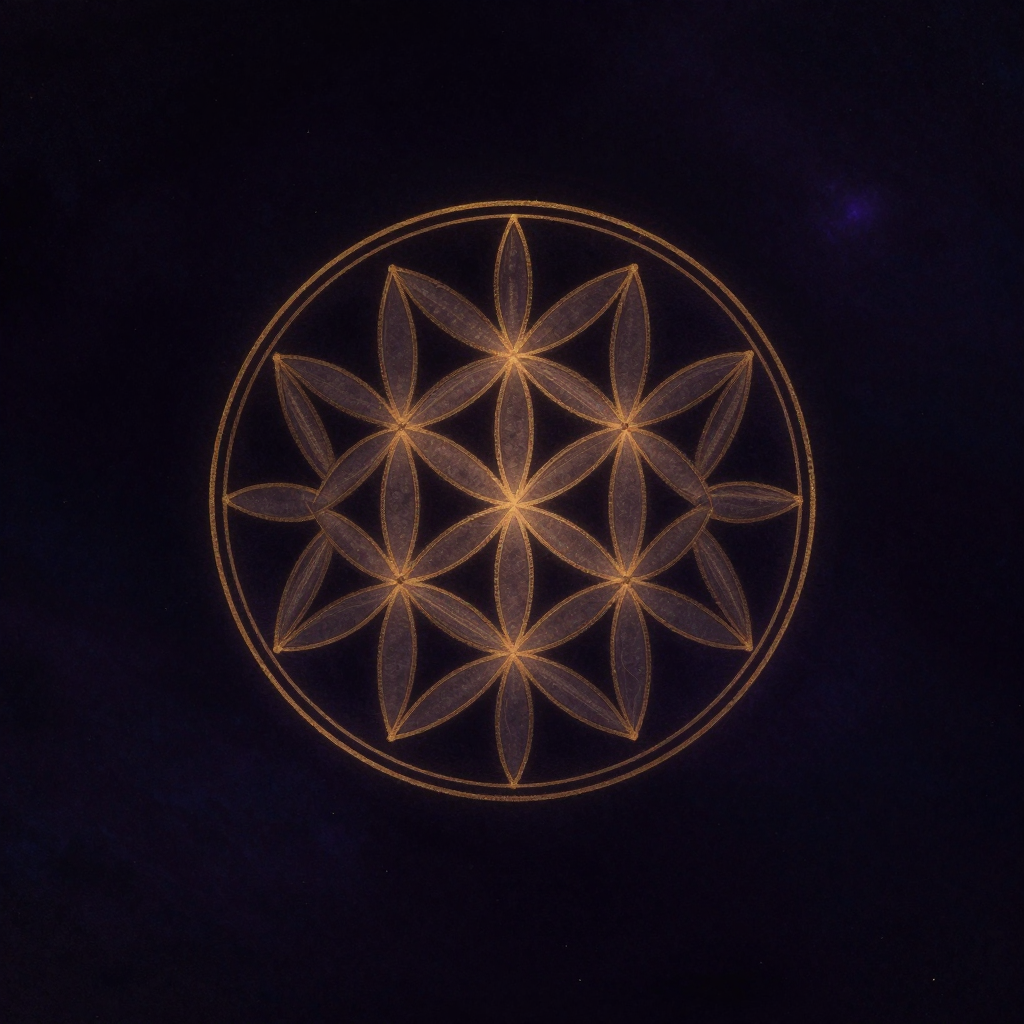 几何疗愈：一张羊皮纸上精确绘制的生命之花图案，由七个相互交叠的圆构成完美六瓣对称，图案置于大片空处中央，线条交汇处微微泛起暖意