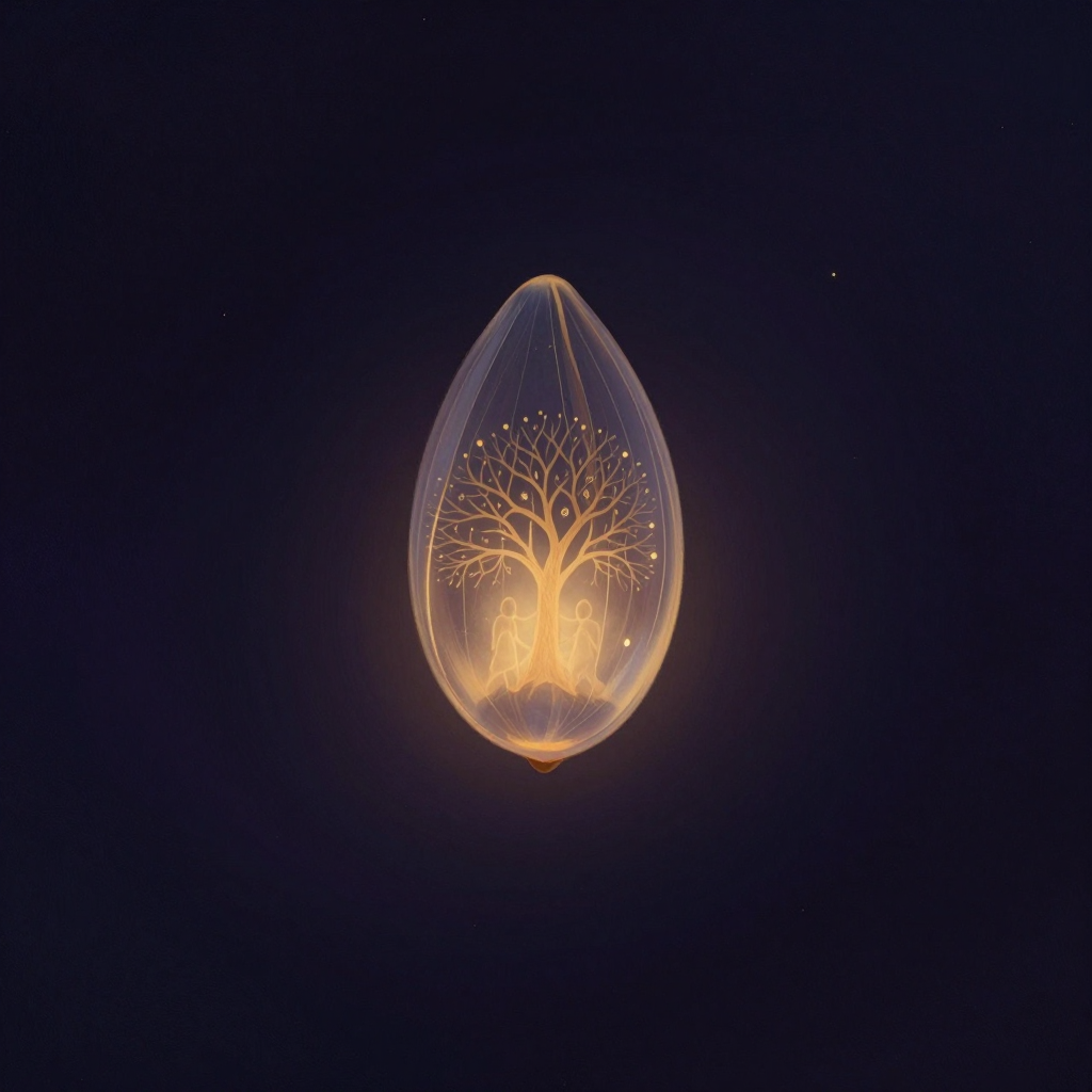 种子说：一颗半透明的种子悬浮于中央空处，内部隐约可见微缩的树形与人形轮廓交织，种子外壳薄如蝉翼，透出内里一处柔和的微光