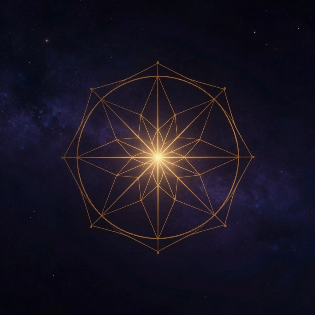 自性 (Self)：一幅严格对称的几何曼陀罗图案悬浮于空境中央，清晰的八分结构从中心点向外辐射，线条精准而克制，中心点透出一处微光