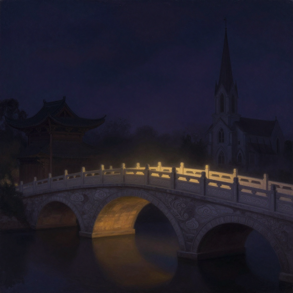 跨文化：一座石桥横跨画面，左侧桥头矗立着东方寺庙的飞檐斗拱，右侧是西方教堂的尖顶，桥身石雕纹样逐渐从东方云纹过渡为西方藤蔓，桥下