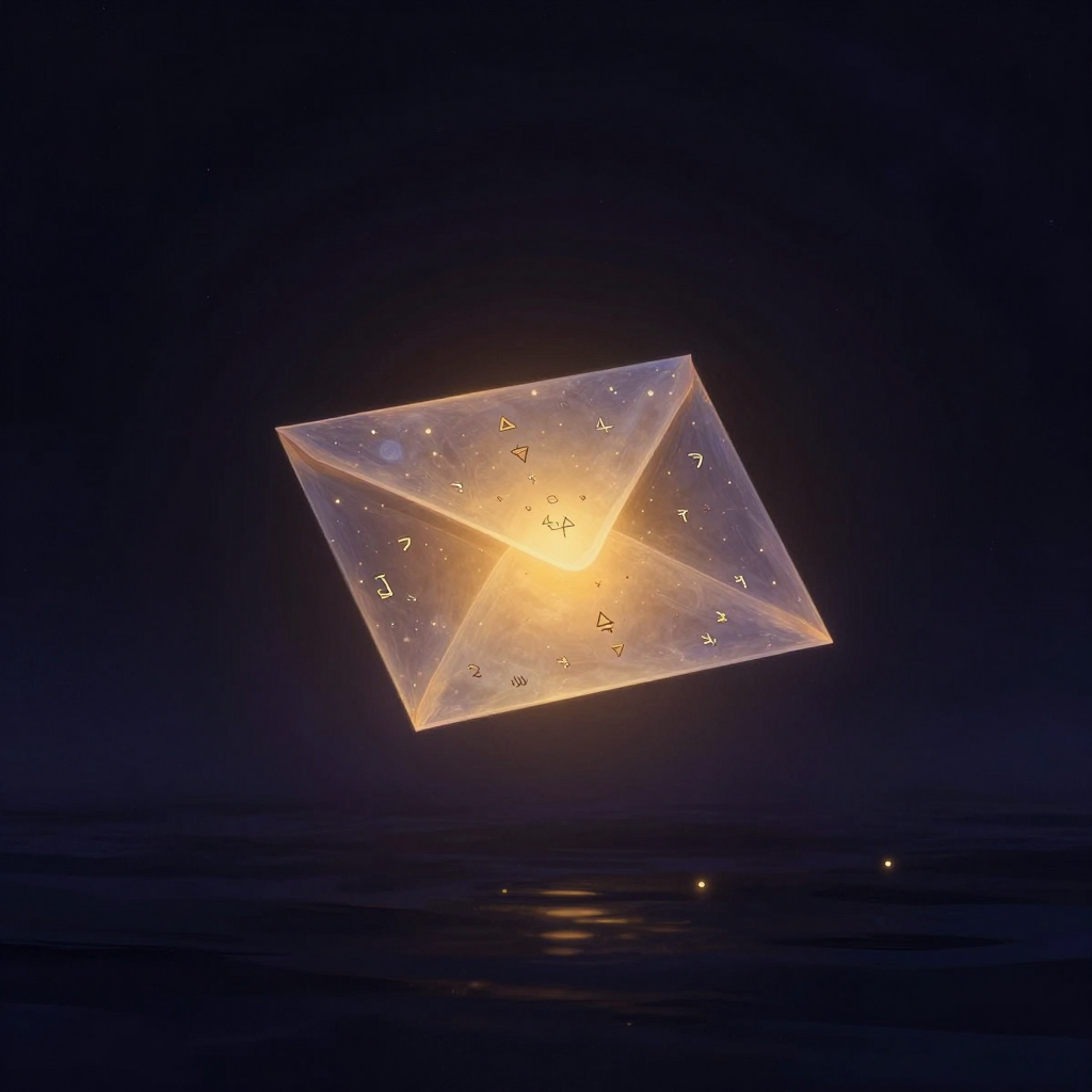 情绪信息：一封半透明的能量态信件悬浮于空处，信纸内部有细小符号与记忆碎片如数据流般流动，信体微透光感，四周归于大片空旷，信是画面唯
