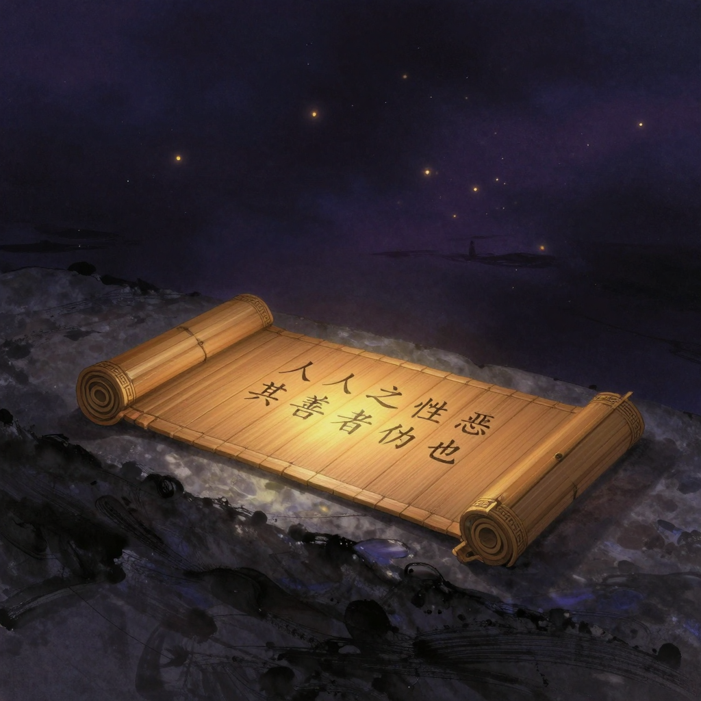 性恶论：一卷展开的战国竹简静置于石台，简上清晰可见『人之性恶 其善者伪也』的篆字刻痕，竹简边缘有青铜器回纹装饰，四周大片留白，简
