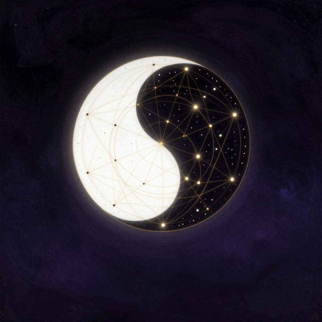 互动：一个圆形由黑白两半相互环抱构成，白中有黑点，黑中有白点，两半并非静态分离而是呈现微妙流动感，如同两股气息正在相互渗透，整