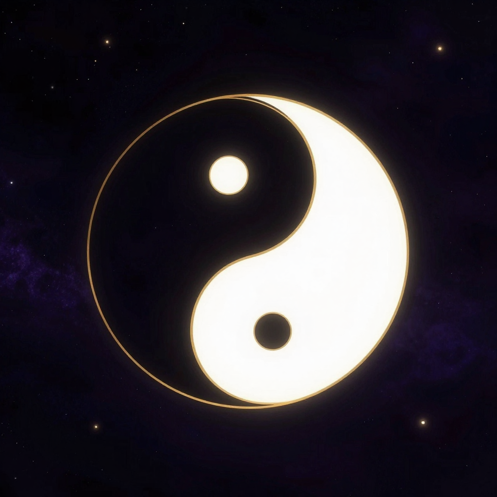 波尔耶：一幅简洁的太极阴阳鱼图形铺展于空旷中，黑白两鱼相互环抱流转，黑鱼含白睛、白鱼含黑睛，线条清晰流畅
