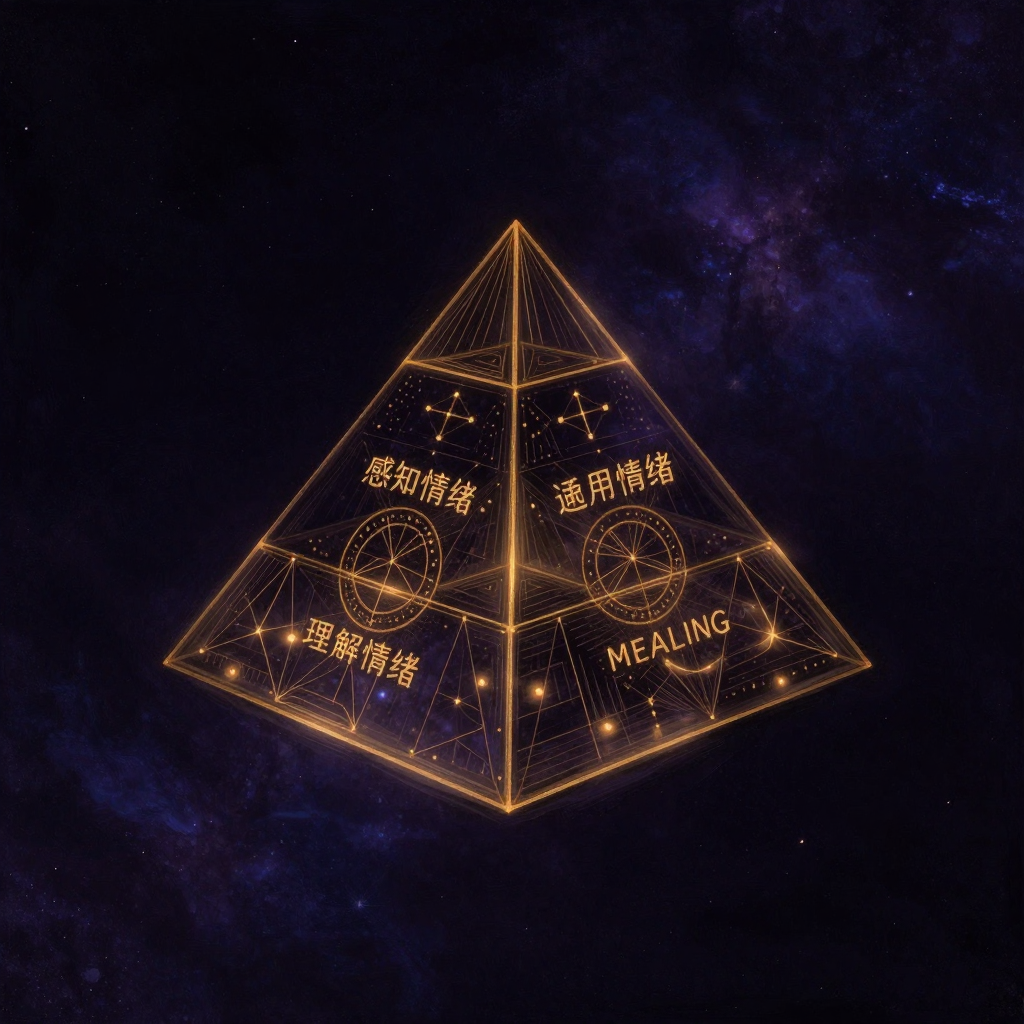 萨洛维：一座透明金字塔结构悬浮于空处，四个侧面分别刻有清晰维度名称：感知情绪、运用情绪、理解情绪、管理情绪，底部略宽于顶部，形成