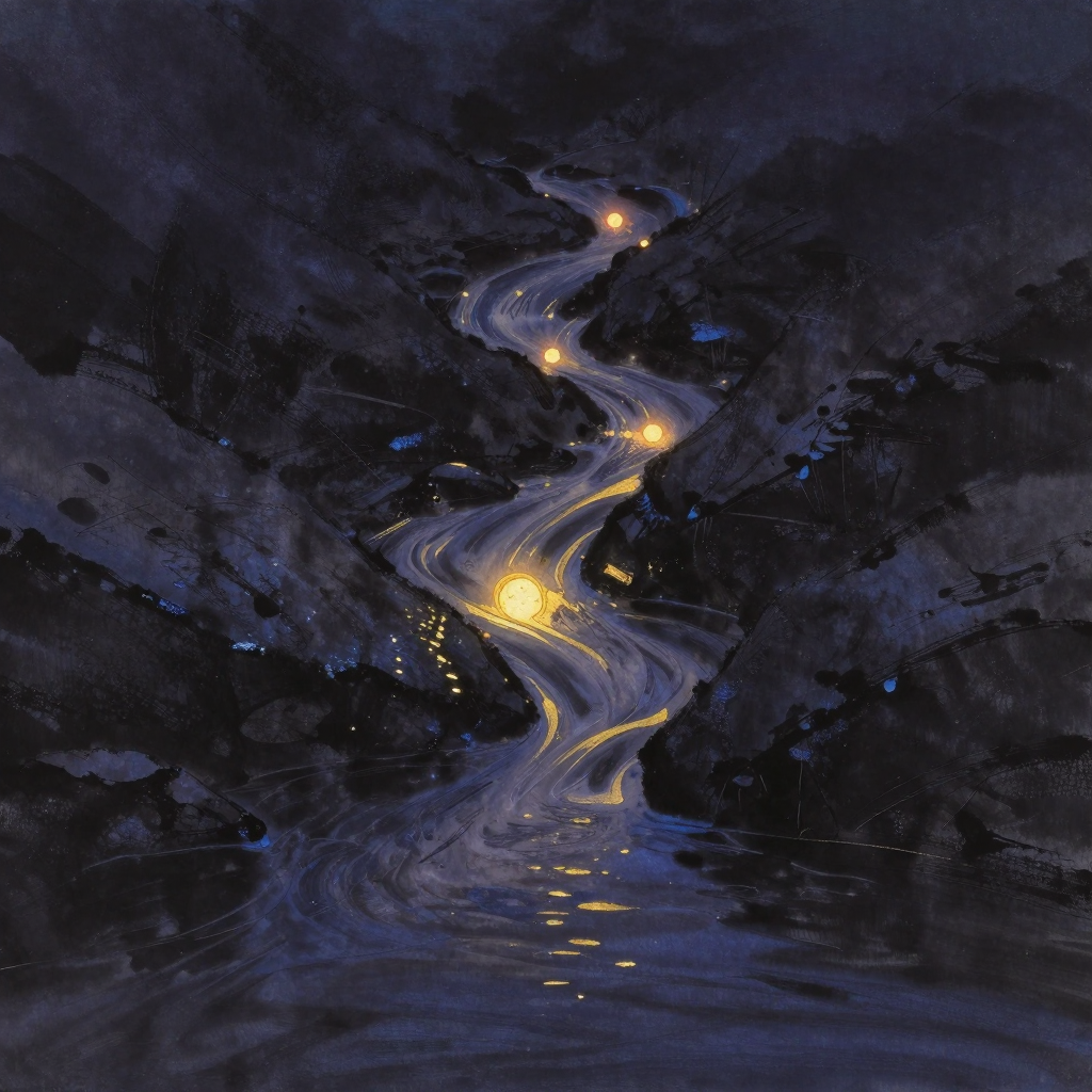 过程导向：一道山涧溪流从岩石间自然淌下，水流曲折宛转未经人工引导，四周岩面湿润反光，溪流是画面唯一有动态的焦点