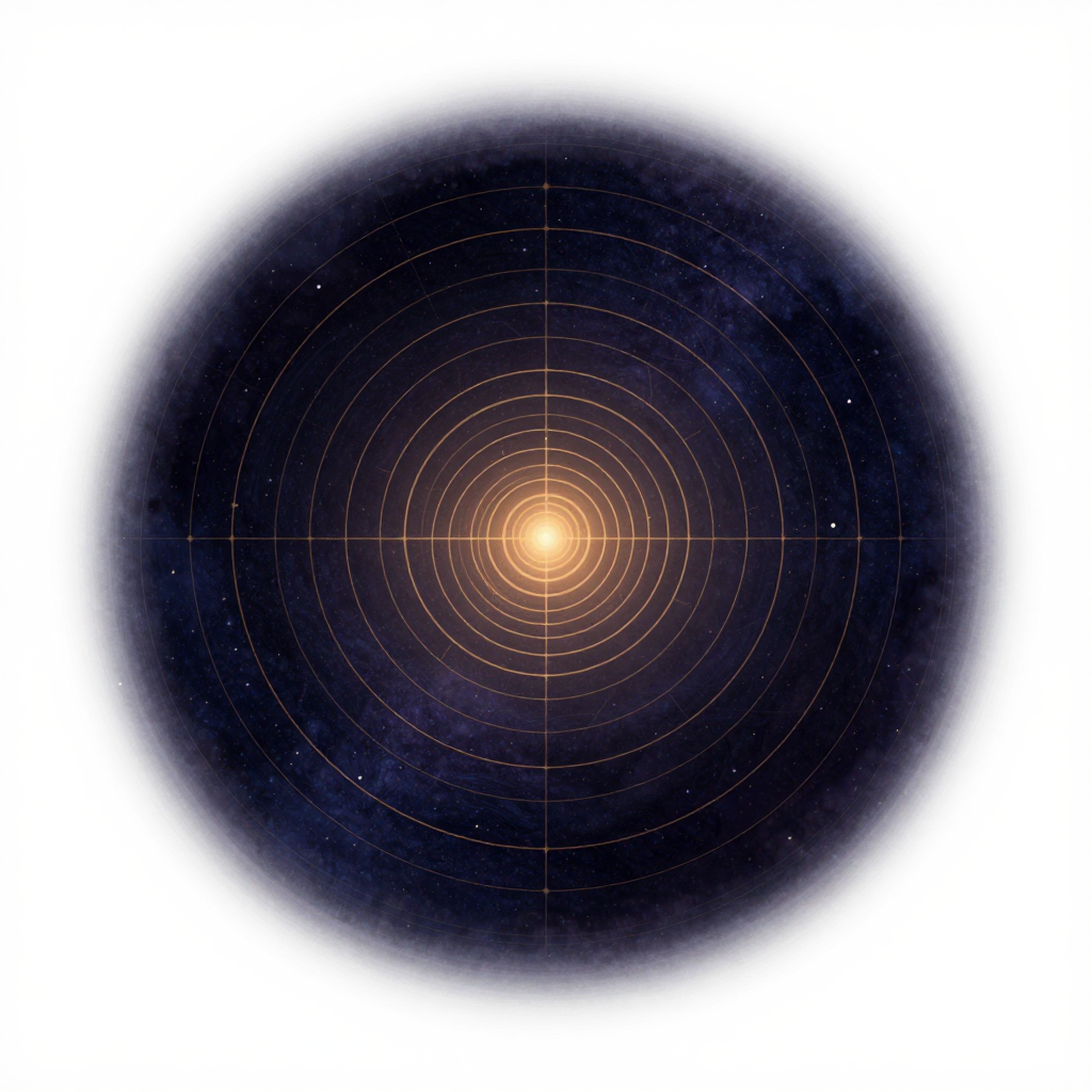 世界感：一组极度细腻的同心圆从画面中心点向四周扩散，线条由实渐虚，最外圈几近消融在大片留白中，中心点透出一处细微的暖意