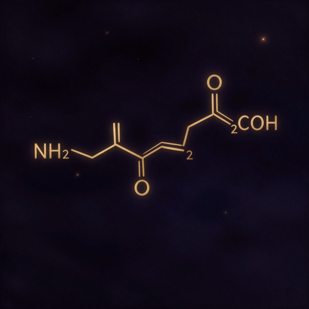 伽马氨基丁酸：NH2-CH2-CH2-CH2-COOH的分子结构悬浮于暗空，四个碳原子形成清晰主链，氨基与羧基分别位于两端，分子键线泛