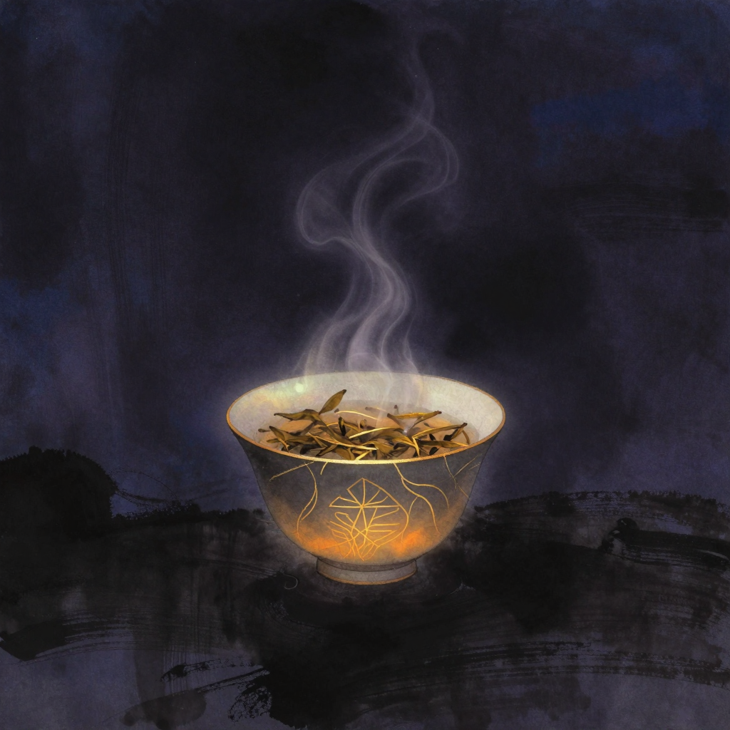 礼仪灵性：一只古朴茶碗置于中央，碗中茶叶正随注入的热水舒展翻卷，蒸腾的热气形成柔和的上升轨迹，茶碗侧面可见一双稳定捧持的手，四周归