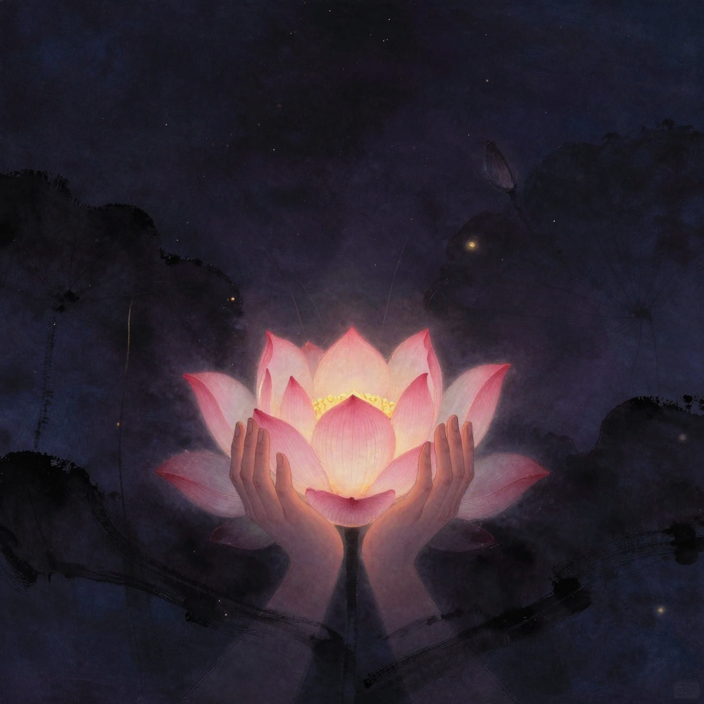 Bhakti Yoga：一朵盛开的粉莲托起一双合十的手掌，掌心之间留有一线微光，四周大片留白，莲瓣舒展如虔诚敞开的姿态