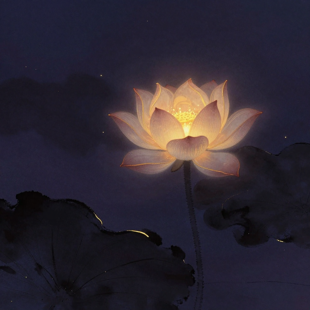 改变状态：一朵莲花在空旷中同时绽放与凋零，左侧花瓣舒展如新生，右侧边缘已现半透明皱褶，花心处隐约透出一缕微光，茎部笔直贯通水面