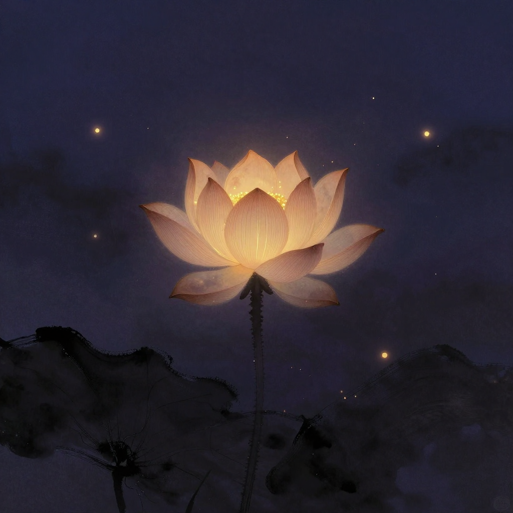 善心所：一朵含苞初绽的清净莲花立于空处，莲瓣舒展未全开，十一瓣含蓄暗合善心所之数，莲心微透一处柔光