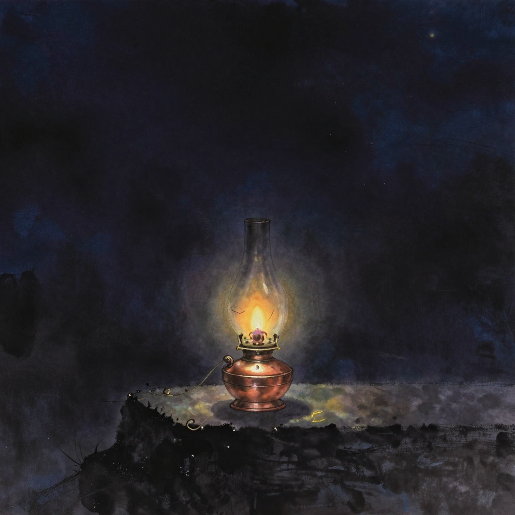 阿迪亚香提：一盏铜制油灯立于石台，灯芯已熄但灯座完整，灯口微微泛着一处暖意，四周归于大片空旷